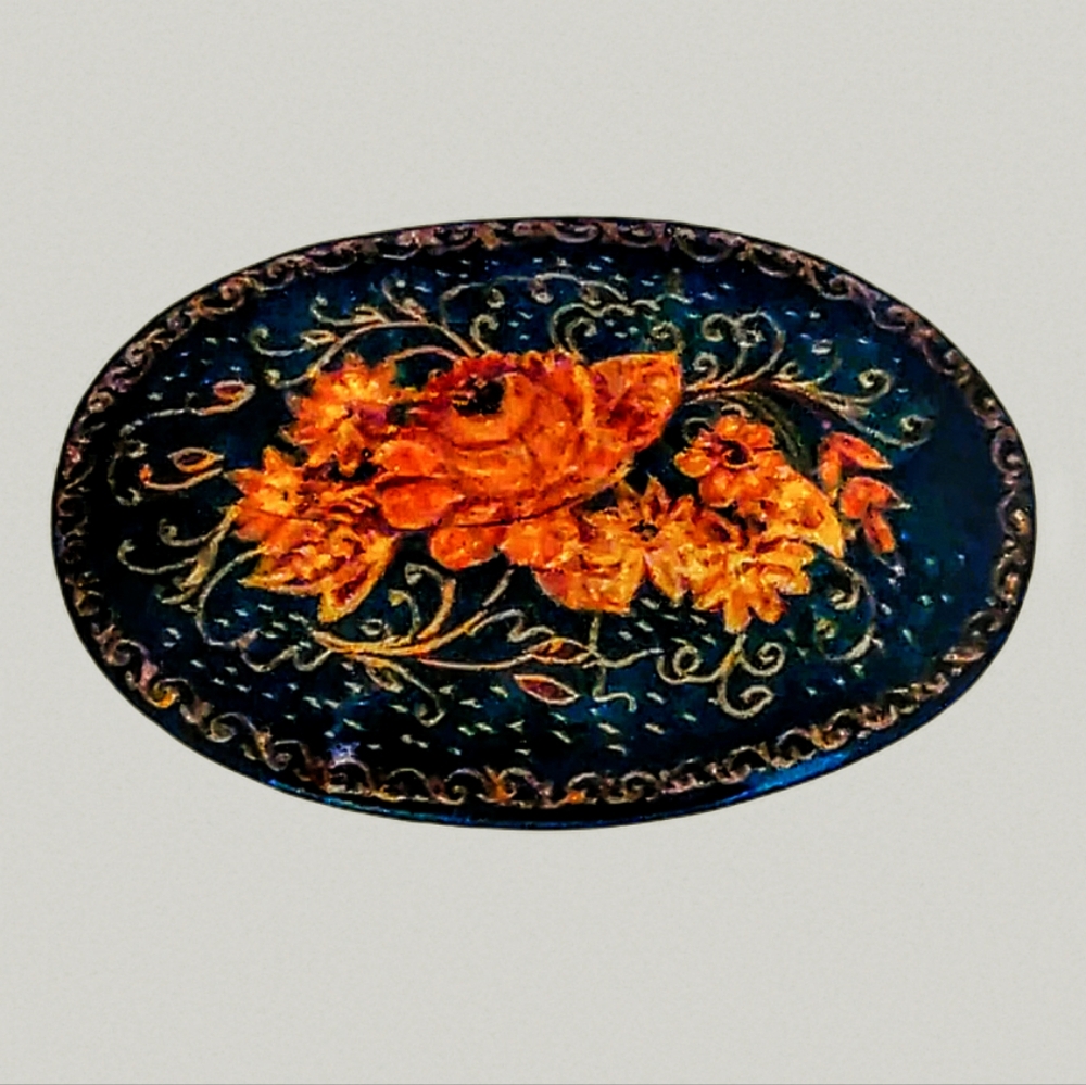 "Blossom" Russian Folk Art Handmade Painted Brooch Black Orange Green Flower